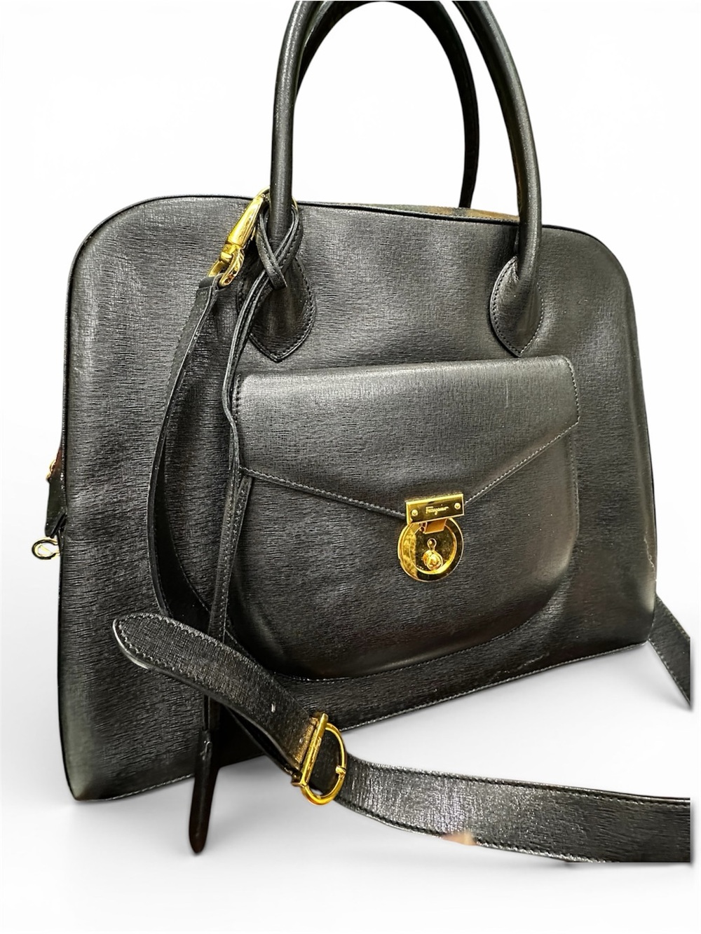 Vintage Ferragamo Black Leather Gancini Satchel Crossbody Structured Top Handle